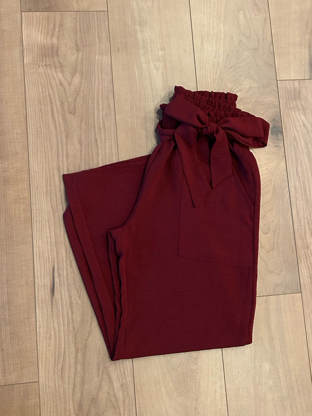 High-Waist Paperbag Wide-Leg Pants with Self-Tie in Burgundy